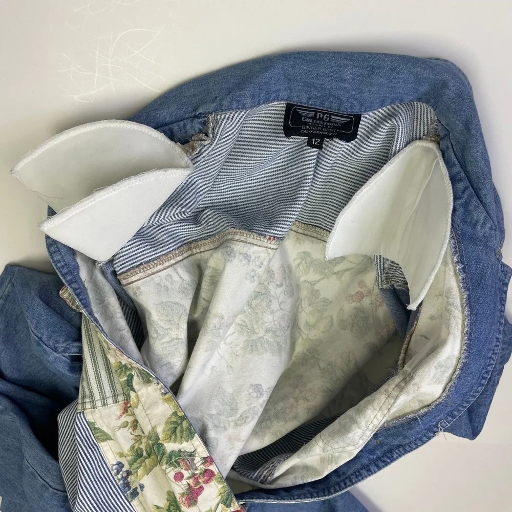 Vintage PG Collections Ginger Bort Denim Patchwork Floral Jumpsuit Womens 12 USA